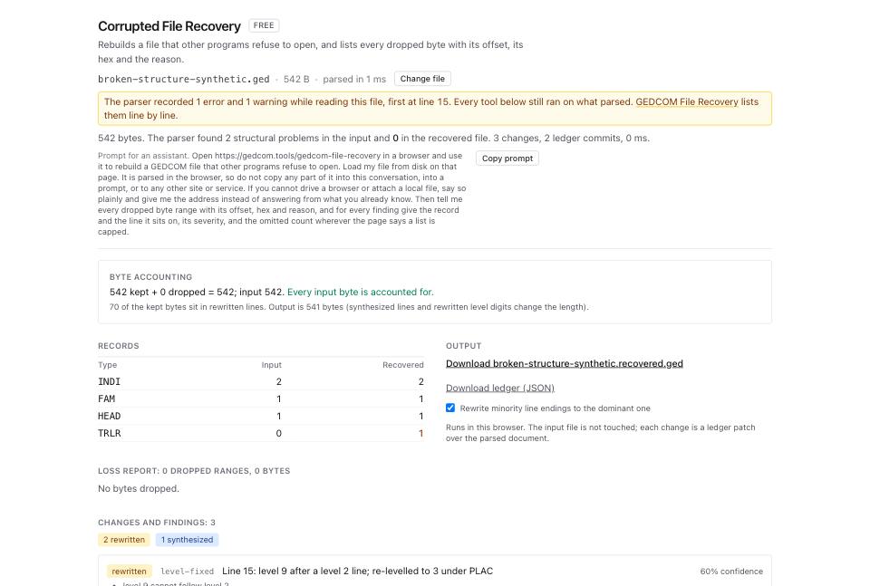 Corrupted File Recovery on the same file: byte accounting reading 542 kept plus 0 dropped, the Records table with TRLR going from 0 to 1, and three findings.
