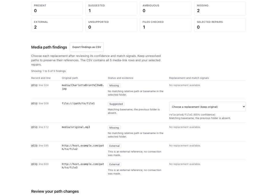 Media Portability Workbench after a public GEDCOM and a media folder have been checked, showing status totals and the record-level media findings.