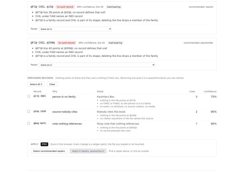 Broken Link Repair on the same file: the CHIL @i5@ card recommending a repoint, the load-bearing CHIL @I99@ card recommending a placeholder, and the three orphaned records below them.