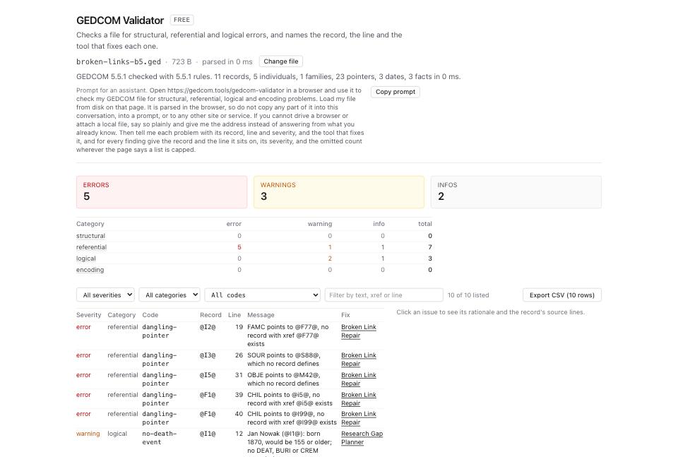 The GEDCOM Validator on broken-links-b5.ged: 5 errors, 3 warnings, 2 infos, the category table with 7 referential, and the dangling-pointer rows.