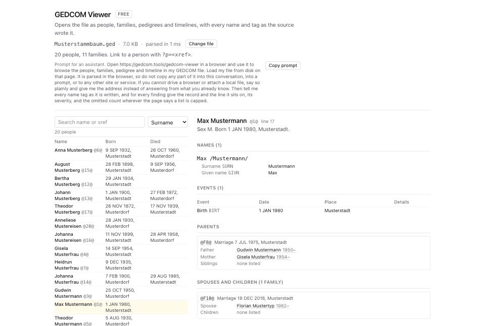 The GEDCOM Viewer on the same file: the searchable people list with Name, Born and Died columns on the left, and on the right one person's names, events, parents and spouses and children.