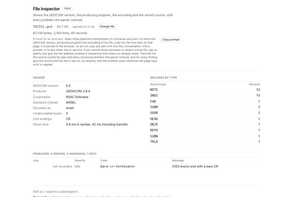 File Inspector on TGC551.ged: the header declaring GEDCOM 5.5, GEDitCOM 2.9.4 and a declared charset of ANSEL, decoded as ansel, with CR line endings.